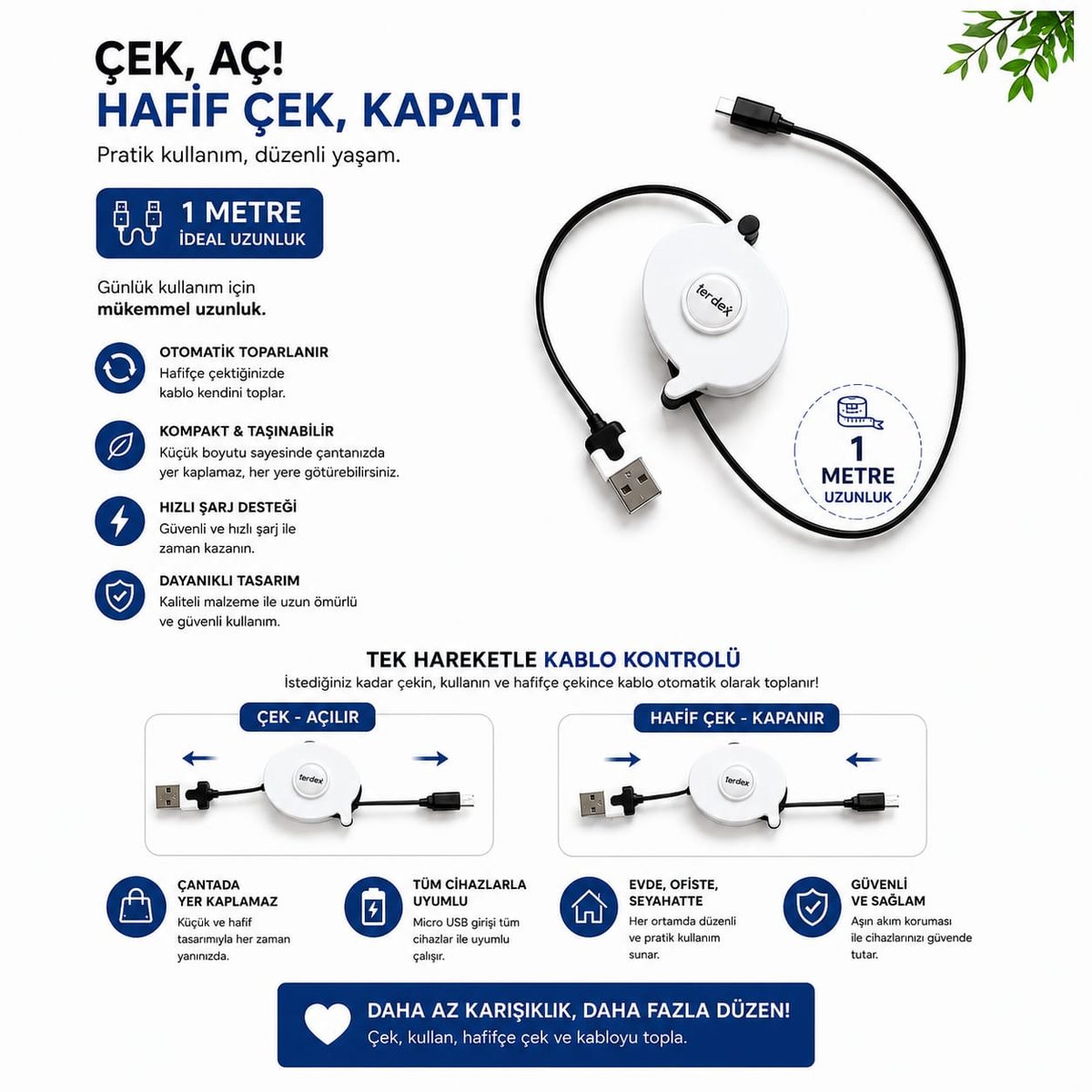Katlanabilir makaralı şarj kablosu